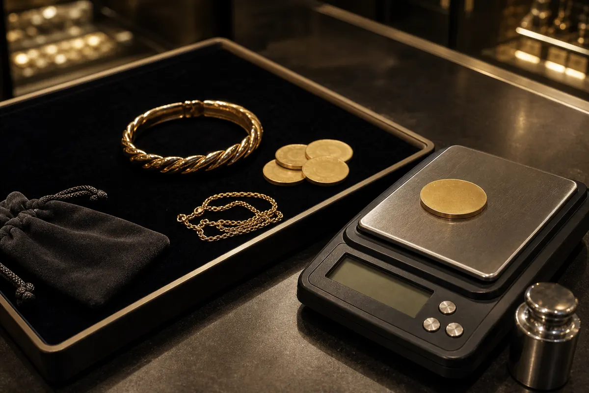 Pesée boutique Argenteuil Bijoux et lingotin en or préparés pour pesée en boutique