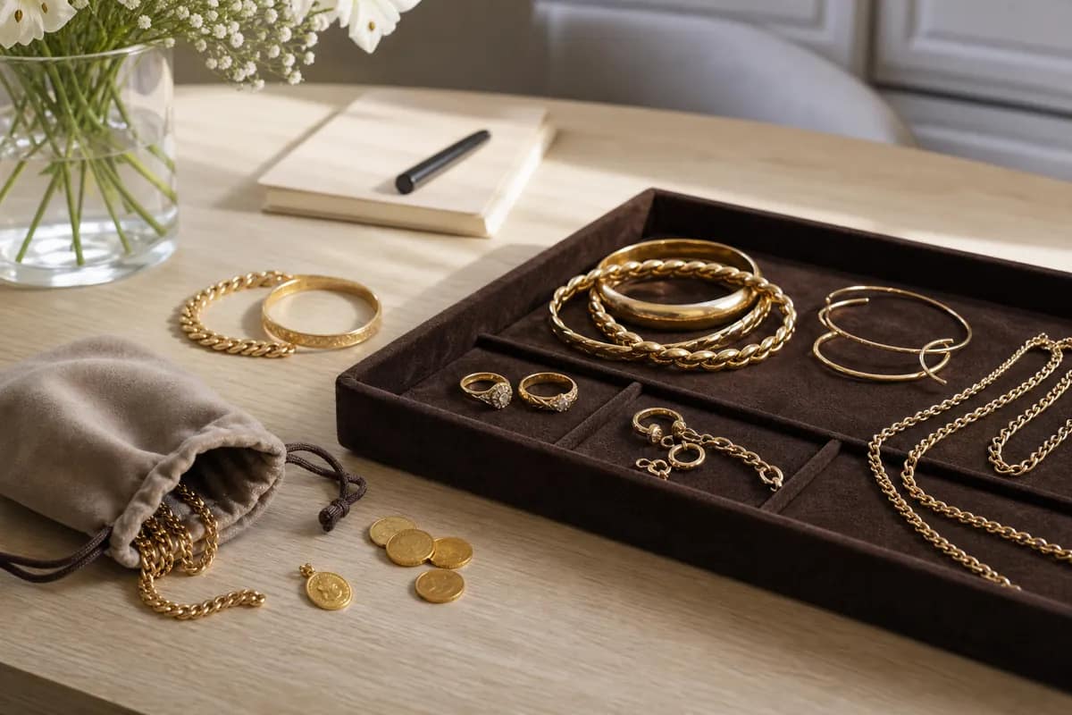 Tri de bijoux depuis Argenteuil Bijoux en or triés avant une estimation depuis Argenteuil