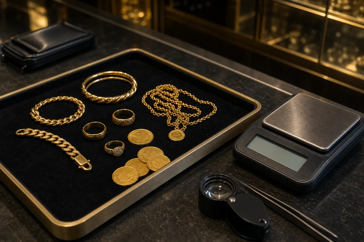 Pesée bijoux Asnières Bijoux en or posés près d'une balance pour estimation en boutique