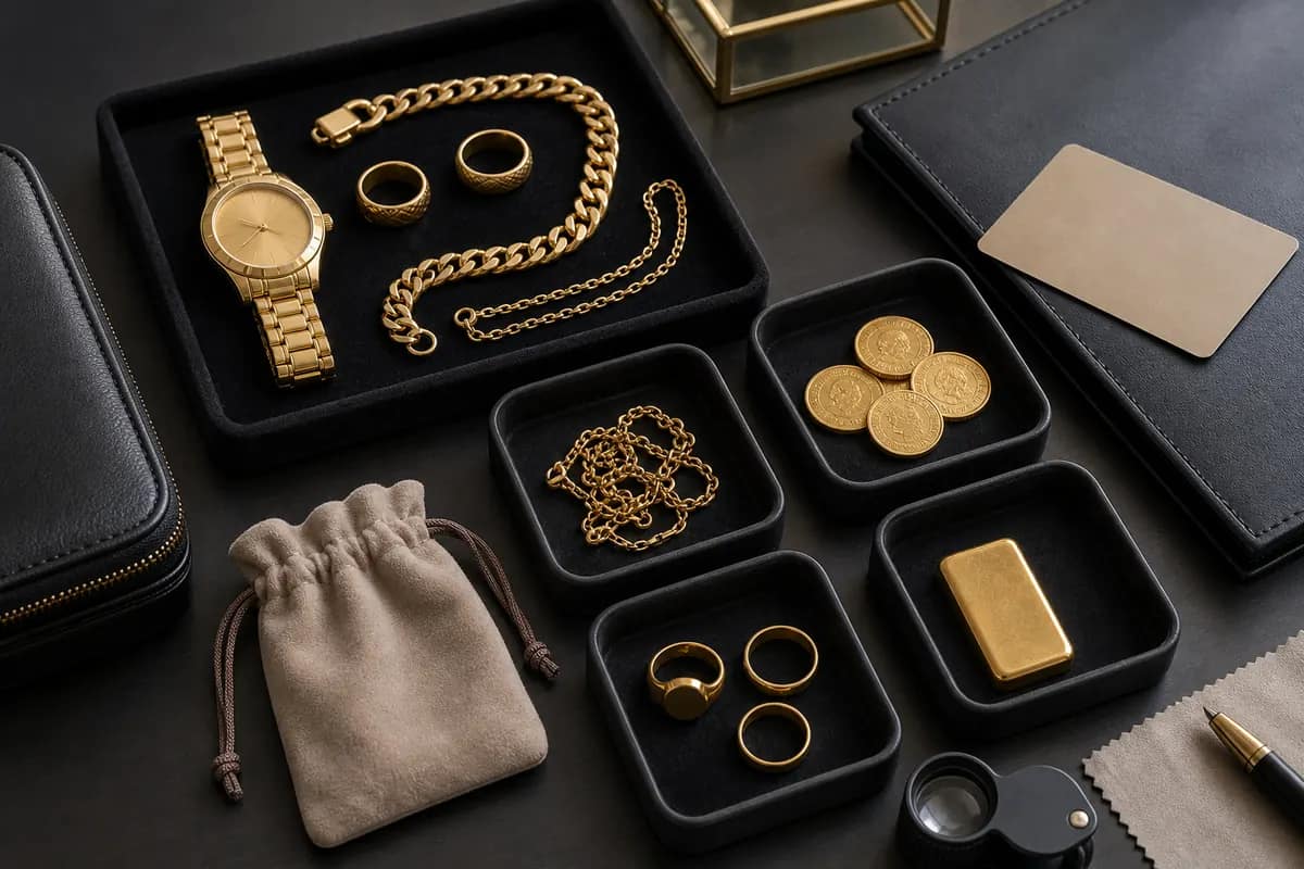 Objets de valeur Courbevoie Bijoux montre et lingotin préparés pour une estimation depuis Courbevoie