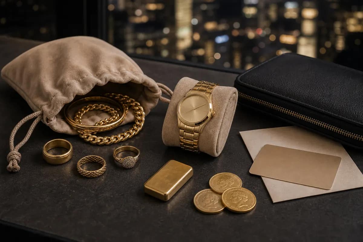 Visite depuis Courbevoie Objets en or rangés en pochette avant un trajet depuis Courbevoie