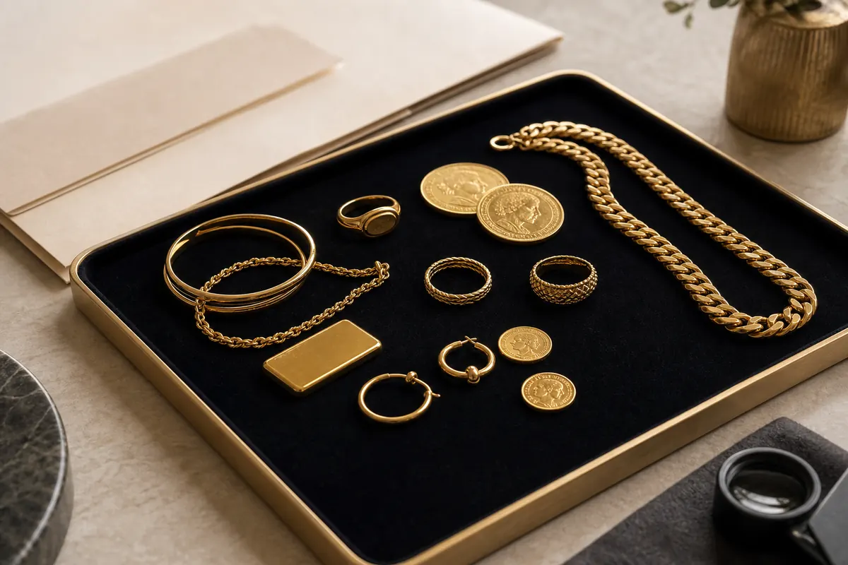 Rachat or Créteil Lot de bijoux et pièces en or préparé pour estimation depuis Créteil