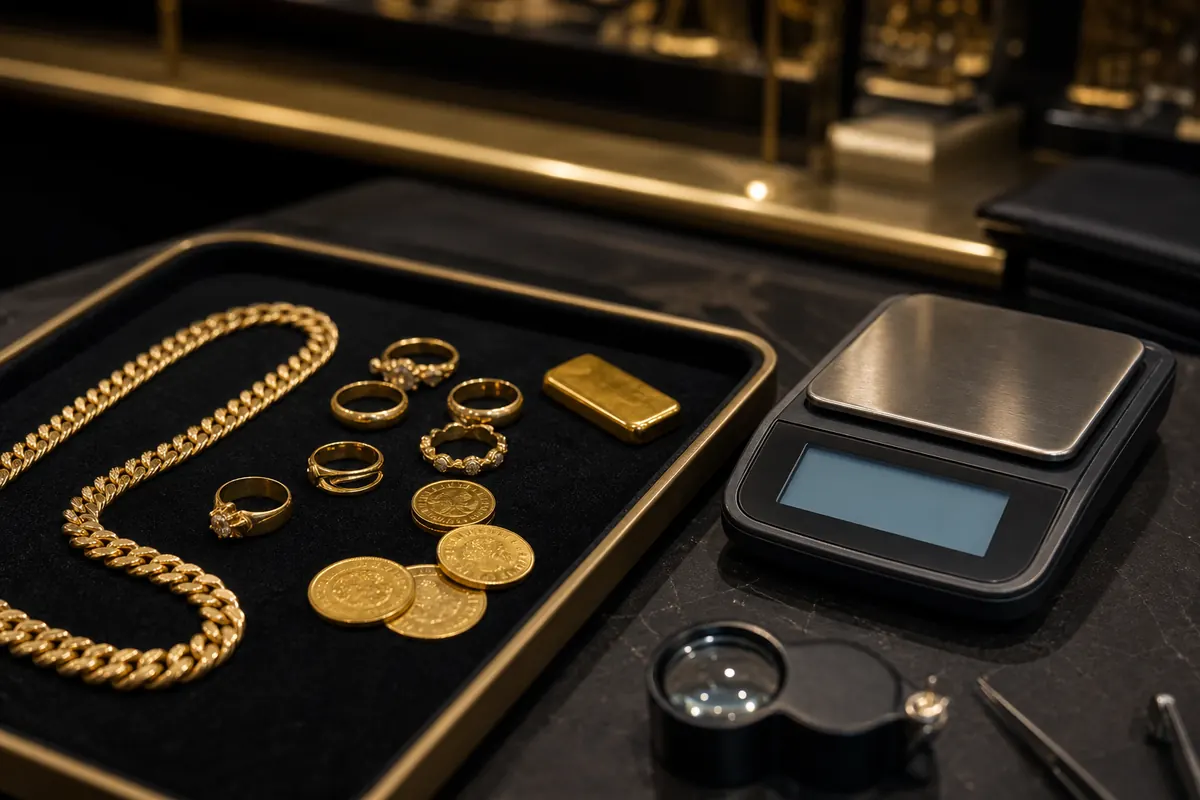 Pesée boutique Créteil Bijoux et pièces en or préparés pour pesée en boutique