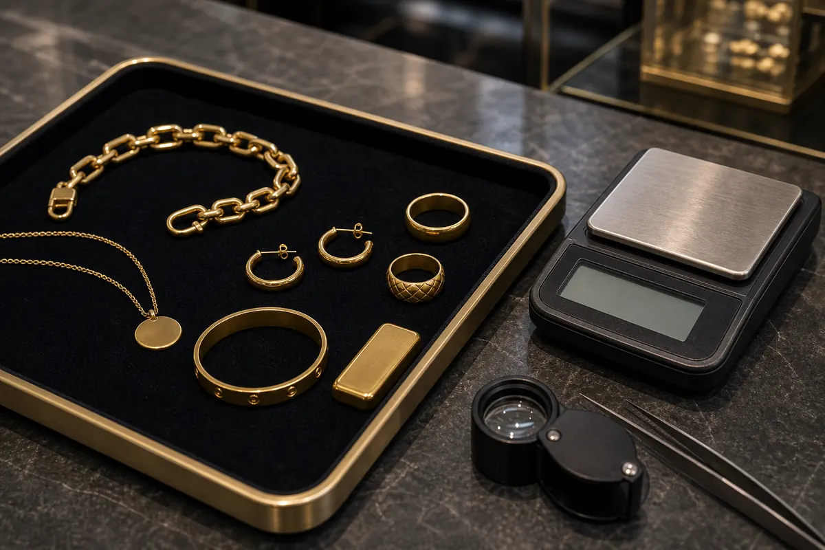 Pesée bijoux Issy Bijoux en or près d'une balance pour estimation en boutique