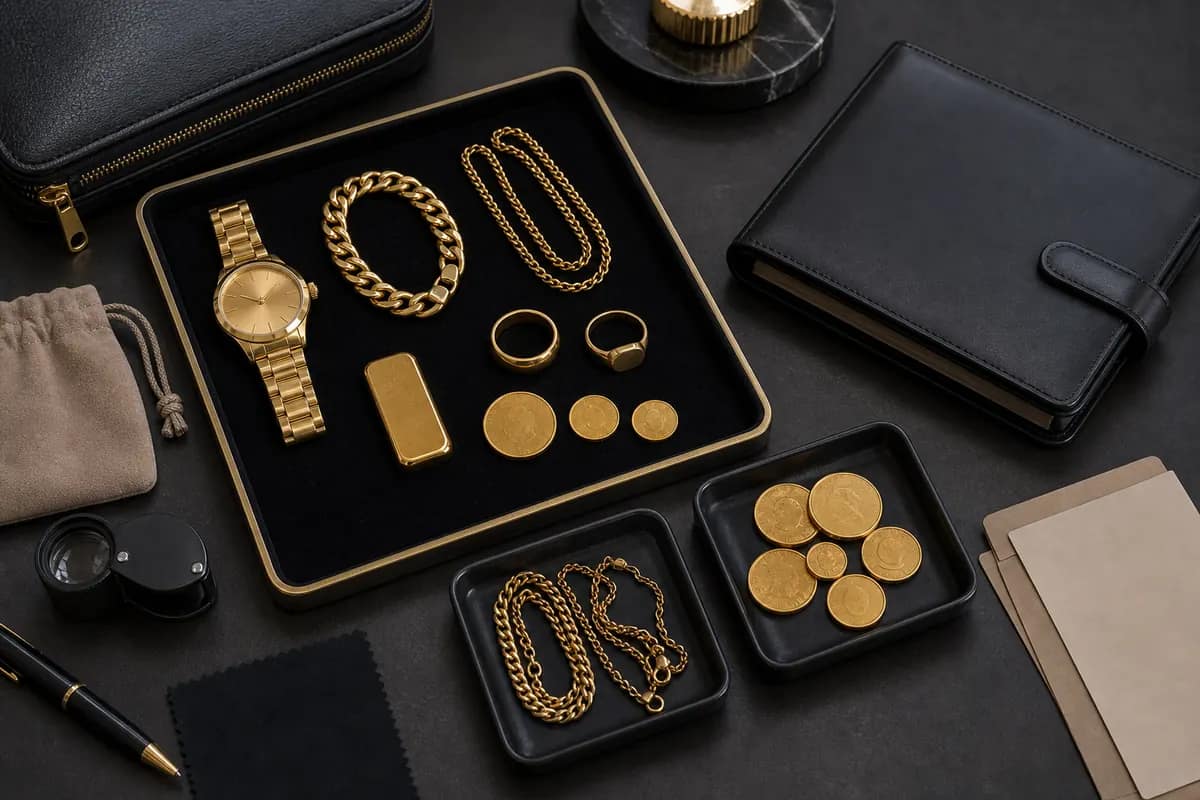 Objets de valeur Puteaux Montre bijoux et lingotin préparés pour estimation depuis Puteaux