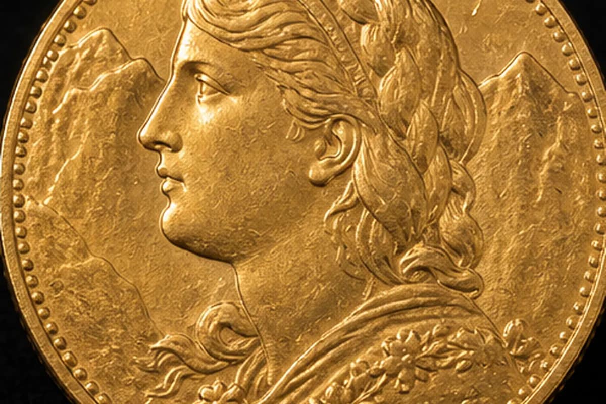 Profil Helvetia Détail du profil Helvetia sur une pièce 20 francs suisse en or