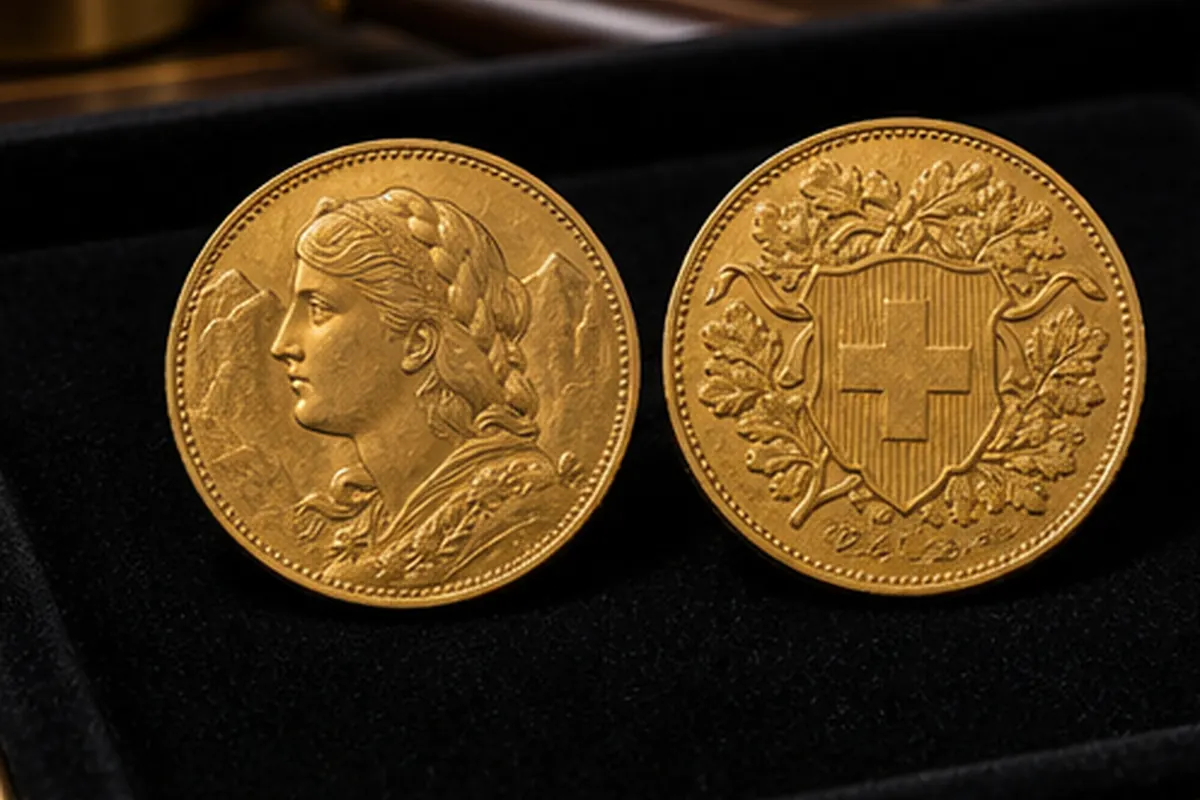 20 francs suisse recto verso Pièce 20 francs suisse en or présentée recto verso à Paris