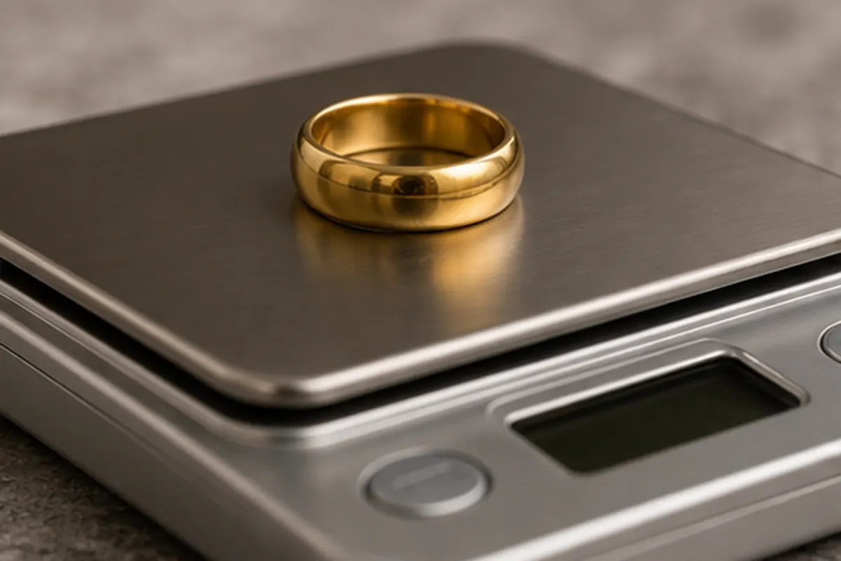 Pesée d'une bague en or Bague en or posée sur une balance d'estimation