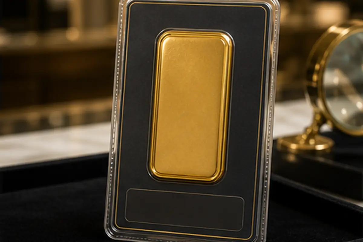 lingot d'or 100 g à estimer lingot d'or 100 g présenté pour estimation dans une boutique à Paris