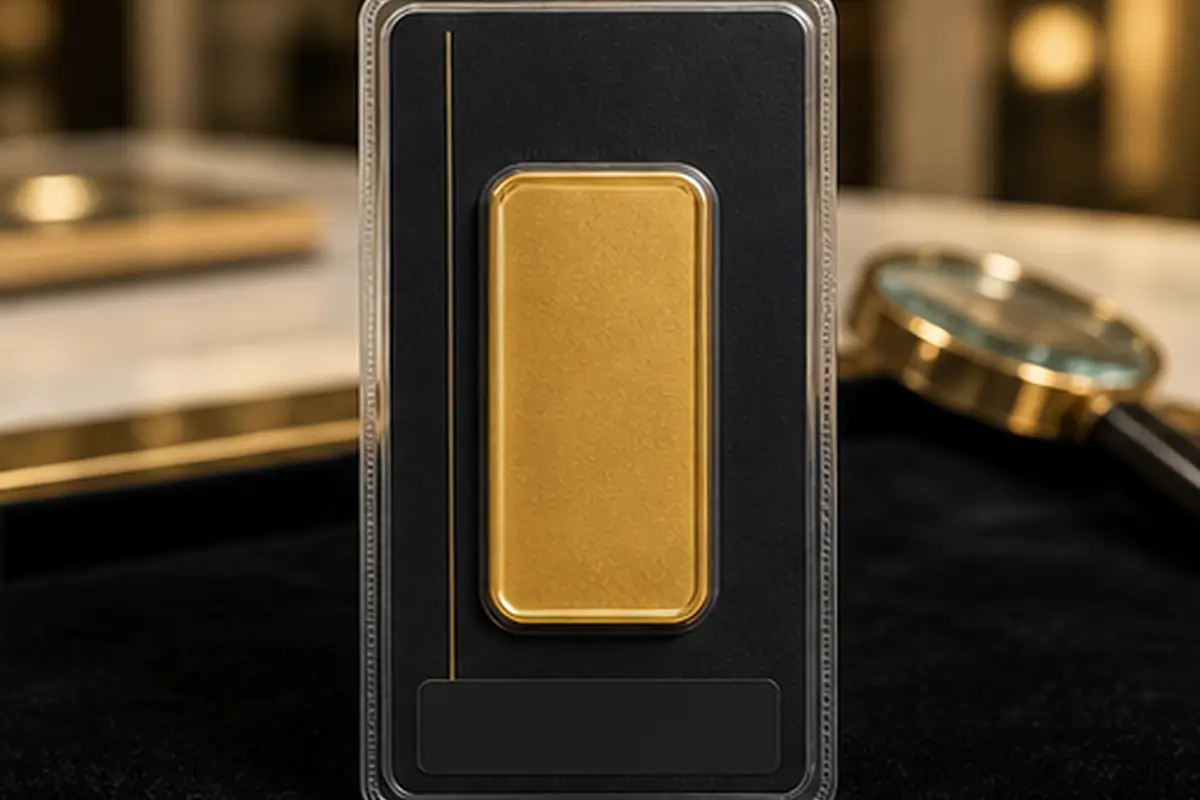 Dos du lingotin 50 g Dos d'un lingotin d'or 50 g présenté pour vérification
