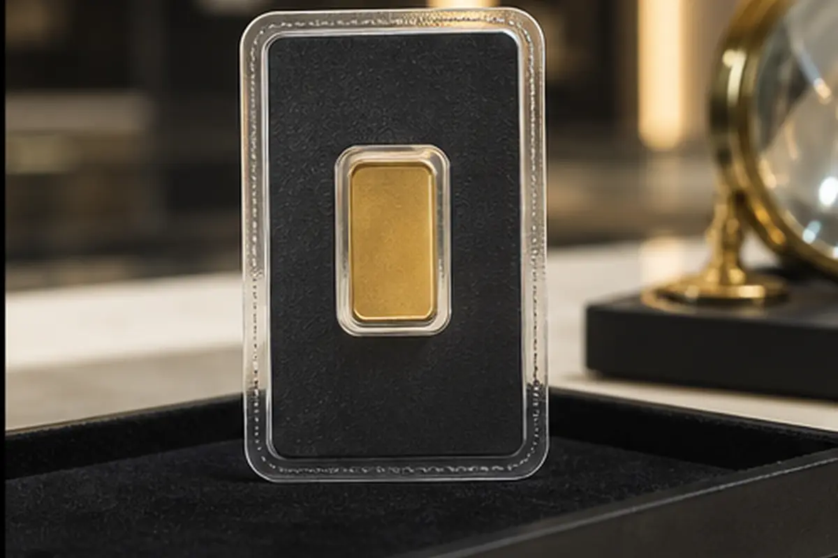 lingotin d'or 5 g à estimer lingotin d'or 5 g présenté pour estimation dans une boutique à Paris