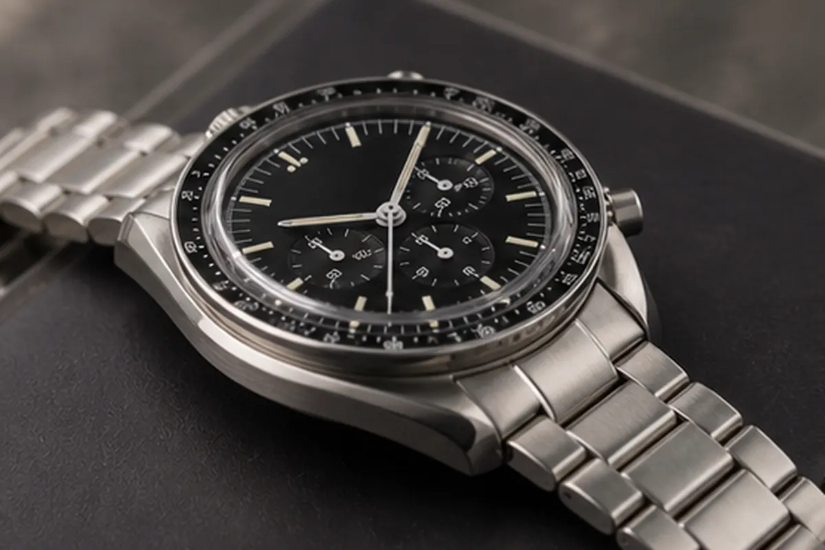 Détail Speedmaster Détail de Omega Speedmaster présenté avant une proposition